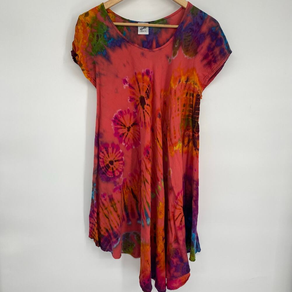 Tye-Die Tunic Top Women's Medium Lagenlook Artsy Asymmetrical Hem Hippie Boho‎